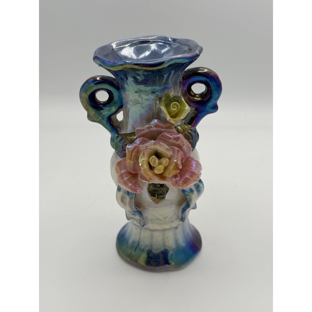 Vintage Lustreware Mini Vase Applied Pink Rose Floral Double Handle Iridescent